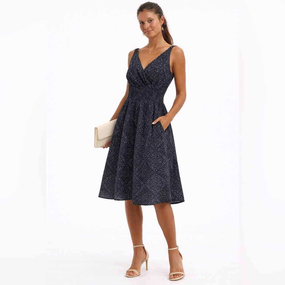 Organic Viscose Smocked Waist & Back Black Patterned Dress with Pockets Fits S/M - Picture 8 of 16